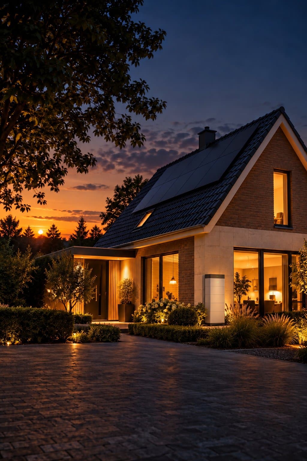 Moderne woning in de avondzon met zonnepanelen op het dak en een thuisbatterij aan de gevel